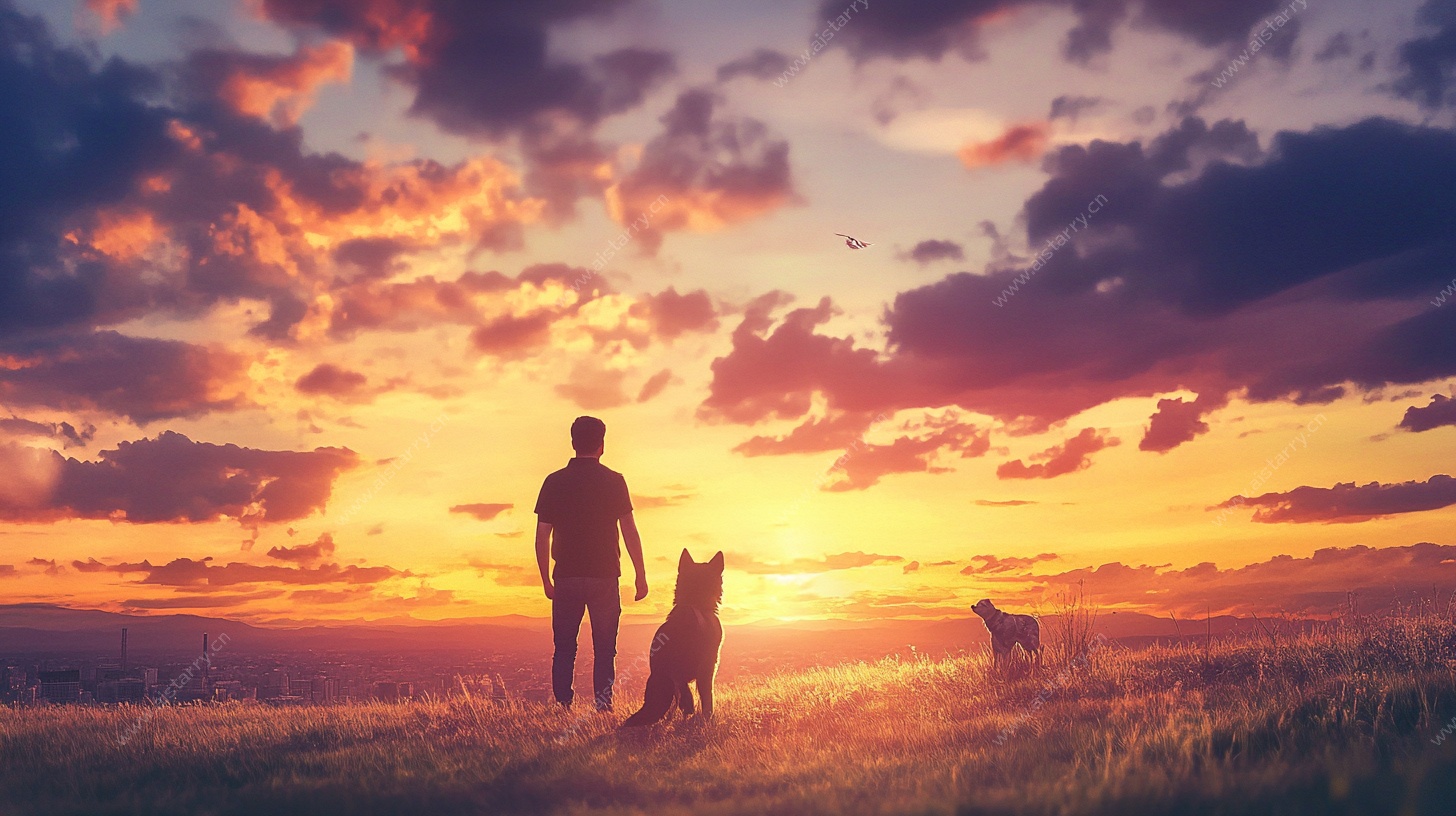 人与犬的温馨黄昏时光