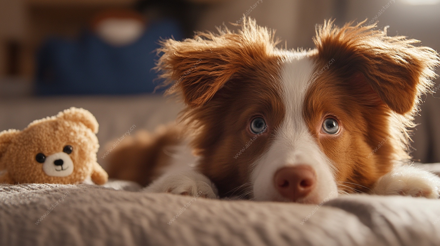 萌犬与泰迪熊温馨相伴