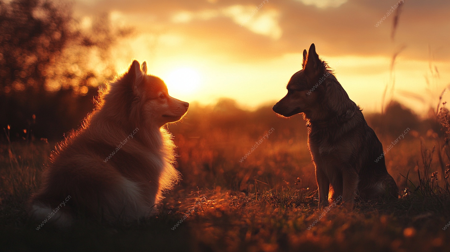 夕阳下的双犬对视