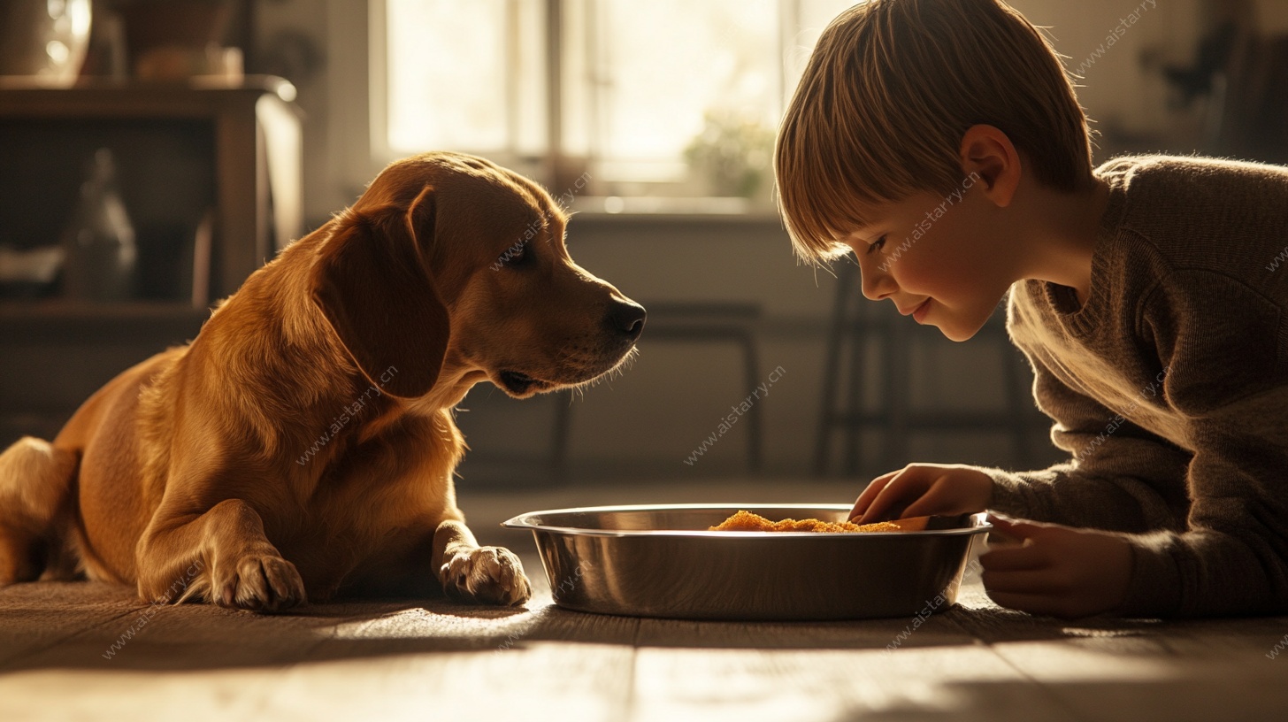 男孩与狗的温馨喂食时刻