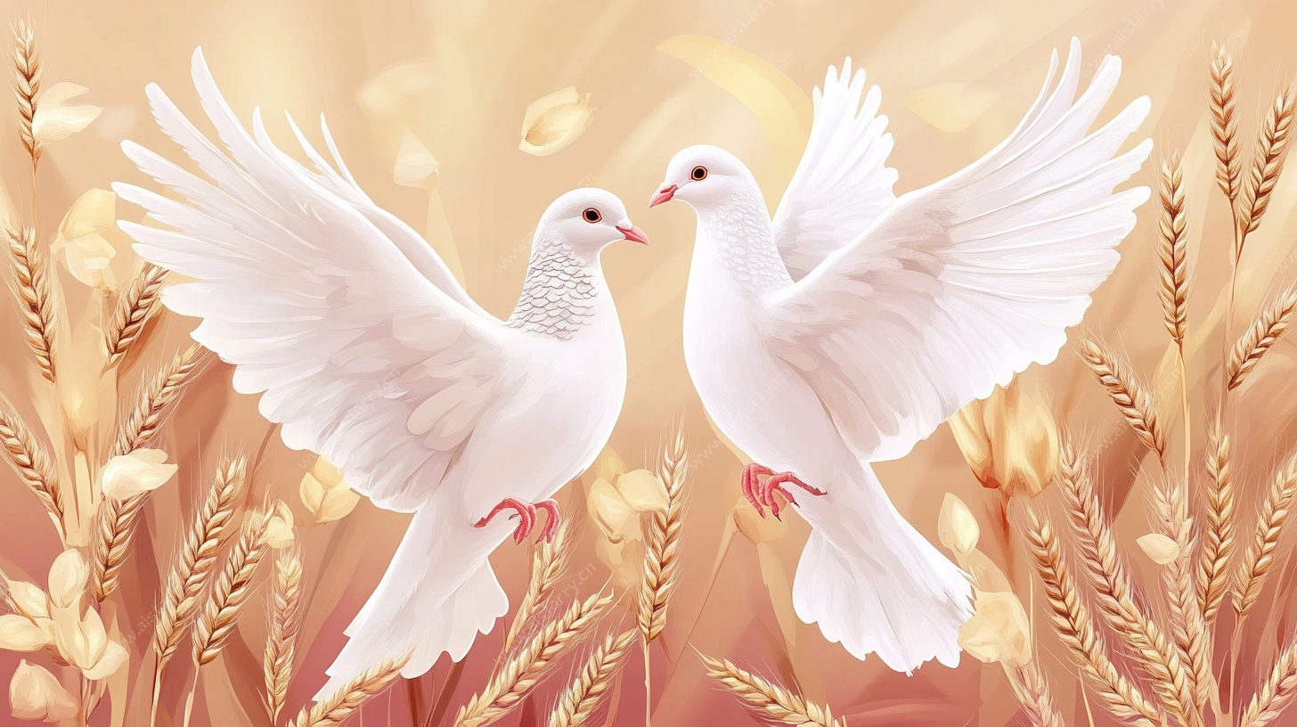 白鸽于麦田间深情对望