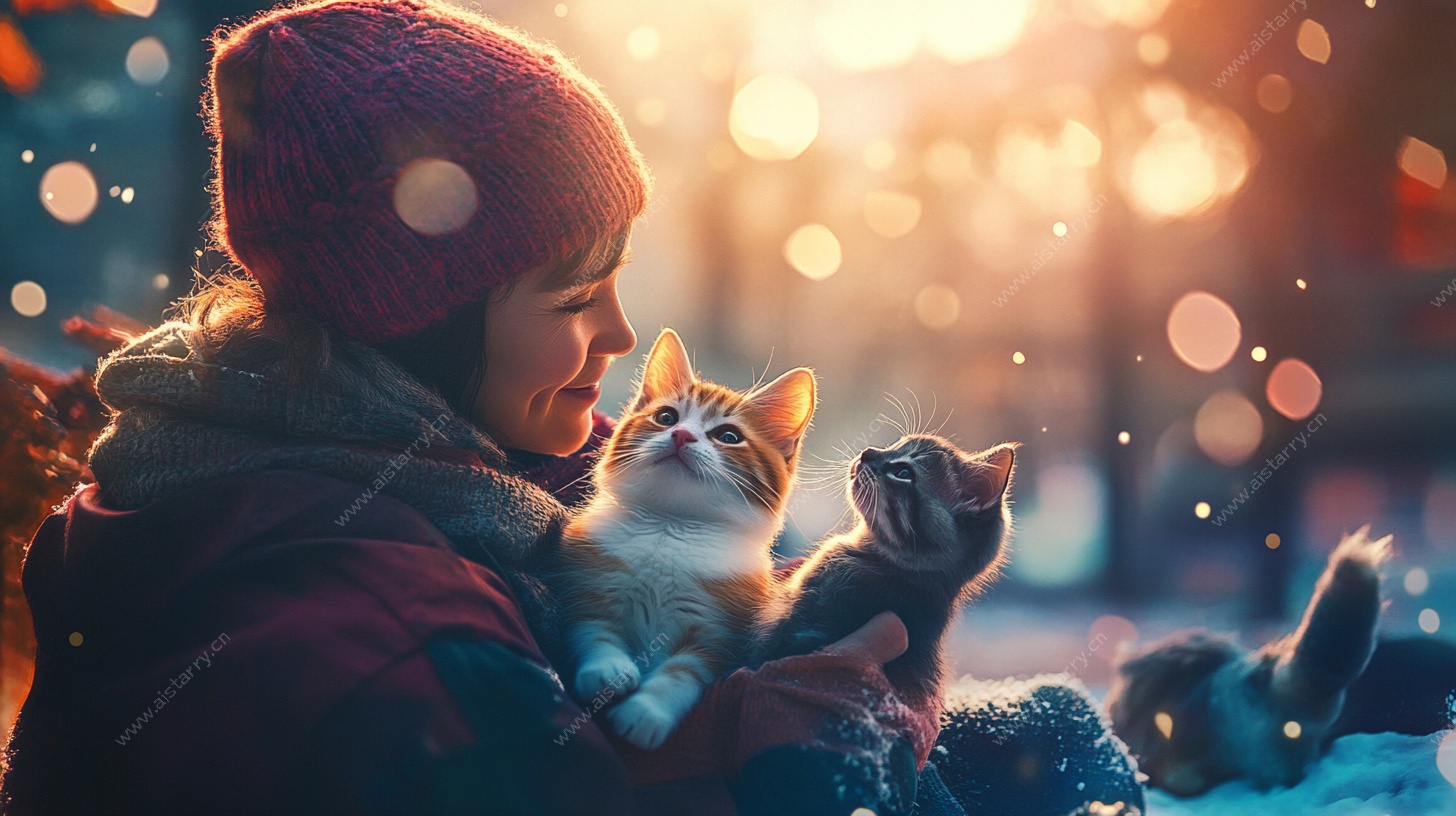 冬日少女与萌猫温馨瞬间