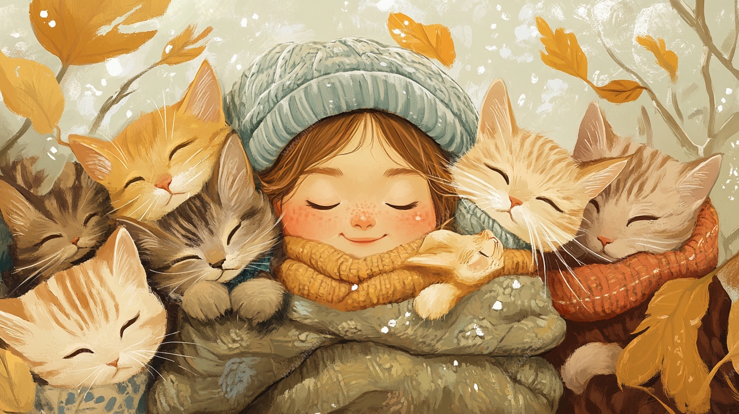 女孩与猫咪的温馨秋日时光