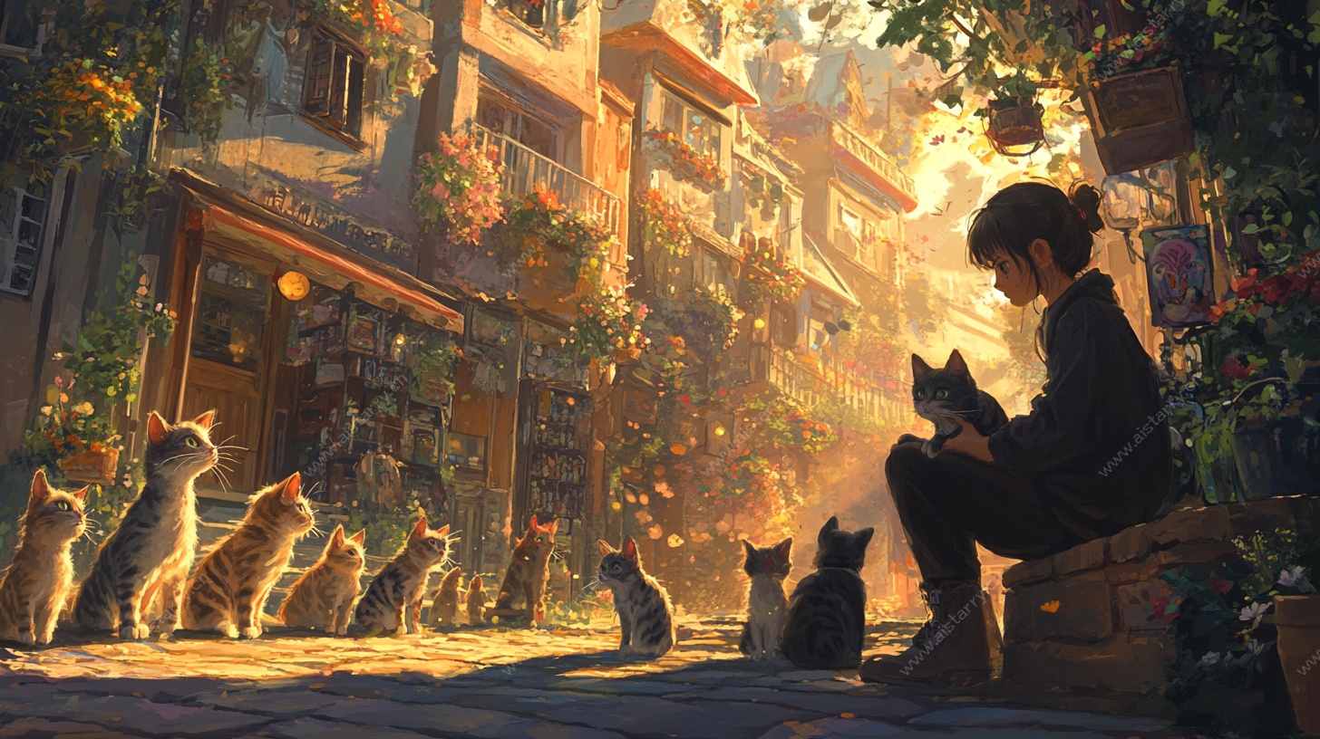男孩与猫咪的温馨巷景