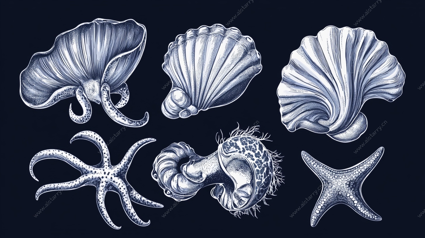 海洋生物手绘贝壳与海星