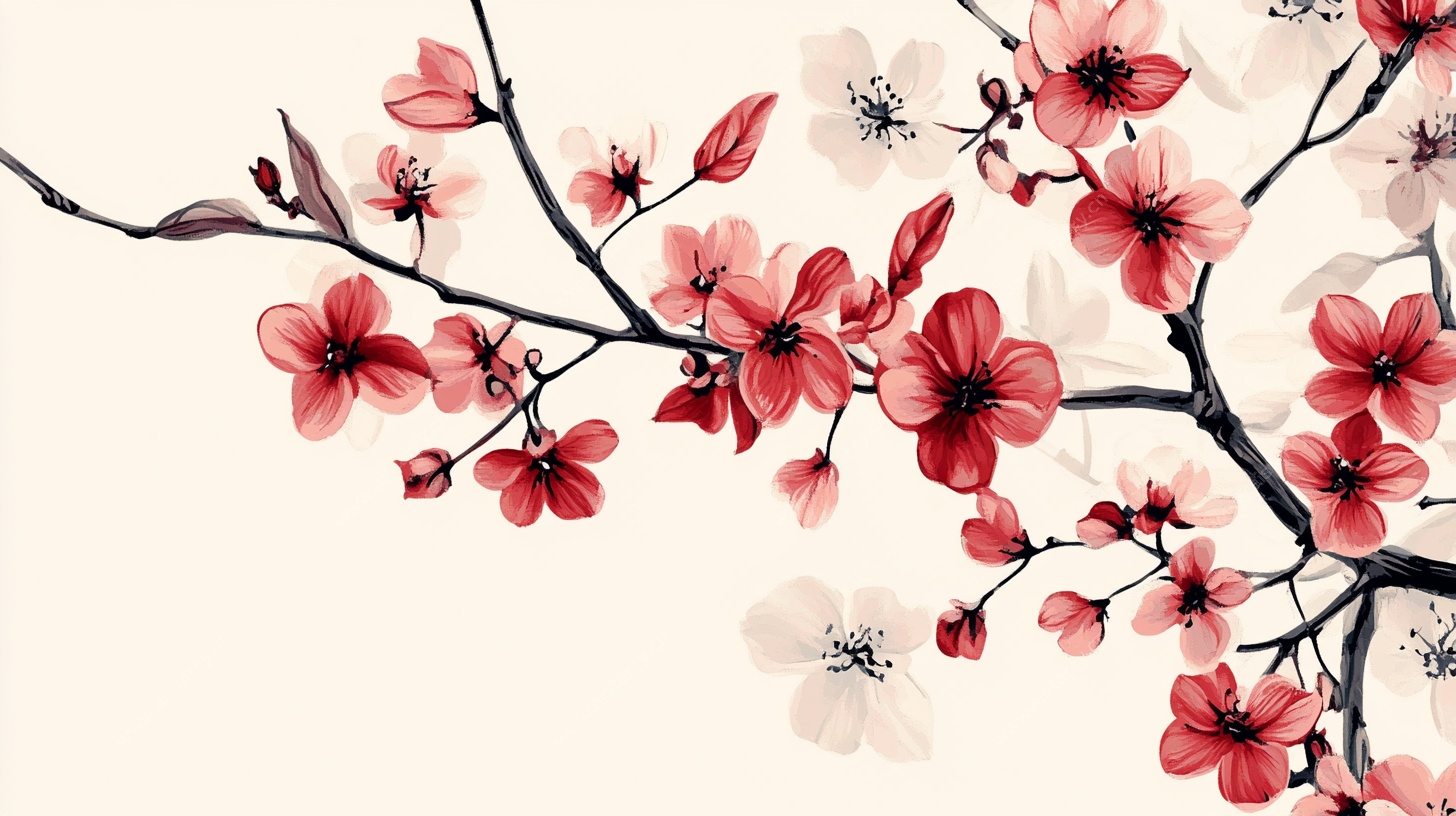 中式写意盛开的红粉花枝