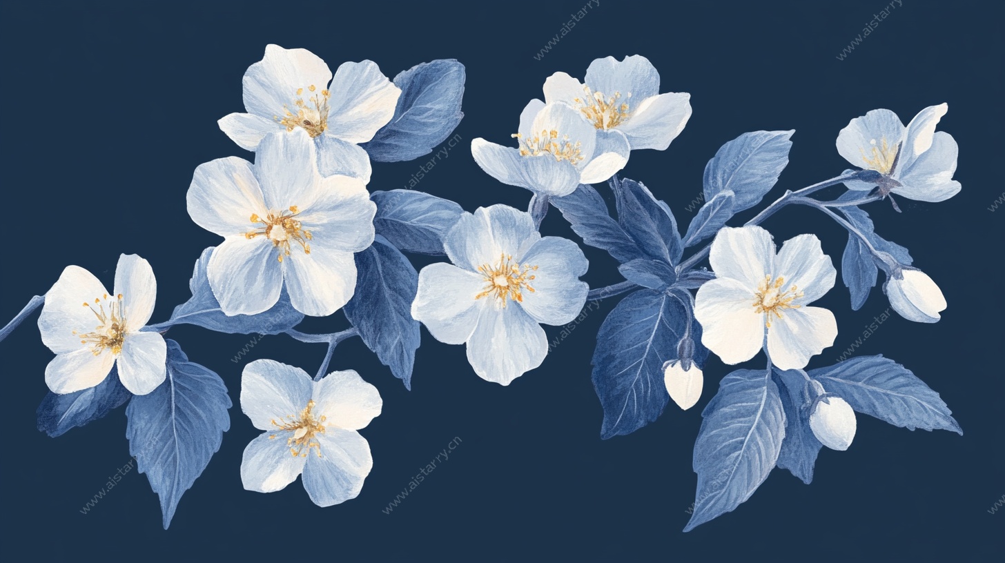 蓝底白茉莉花插画