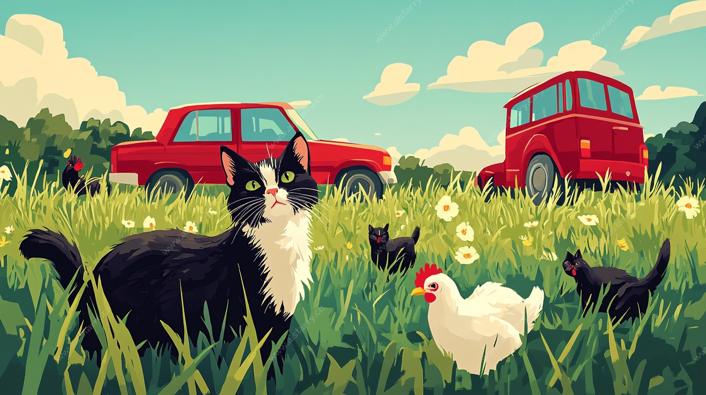 田园猫咪与家禽的惬意时光