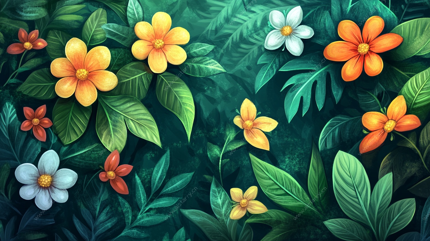 多彩花卉绿叶插画图案