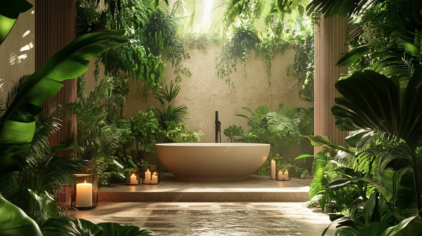 热带风绿植环绕的浴缸空间