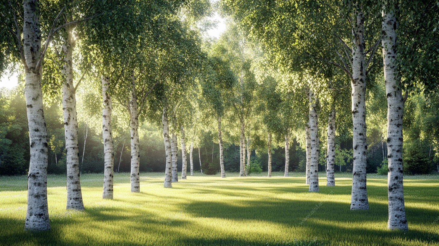 阳光照耀下的白桦林美景