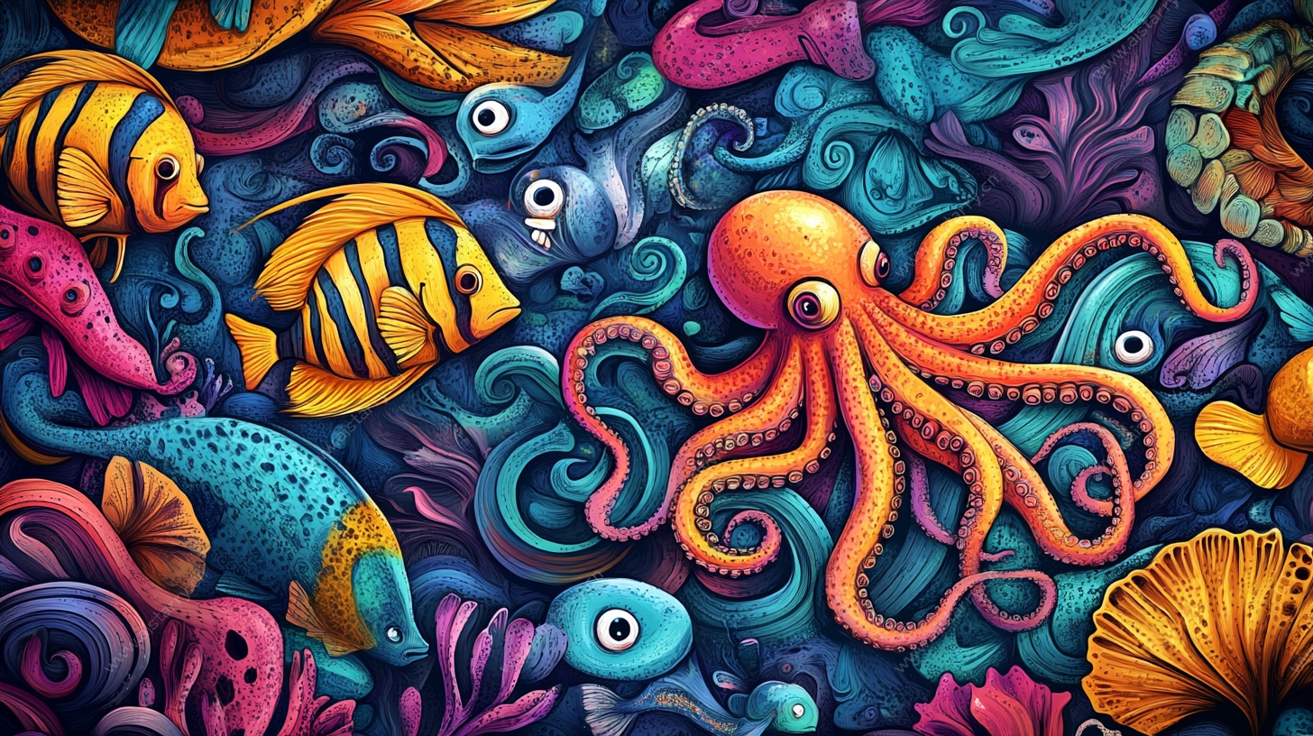缤纷海底奇幻鱼群插画
