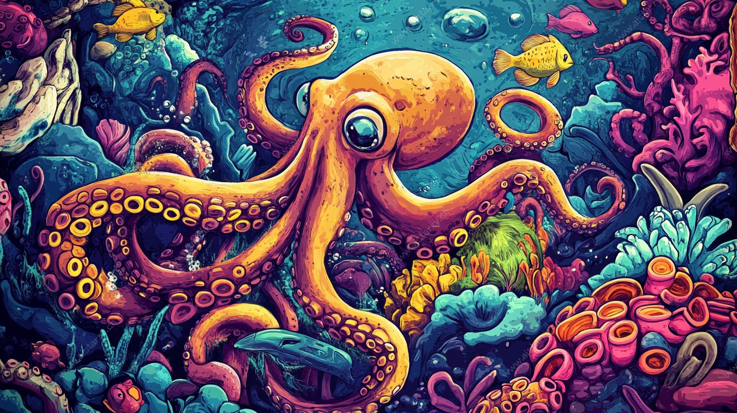 海底奇幻章鱼世界插画