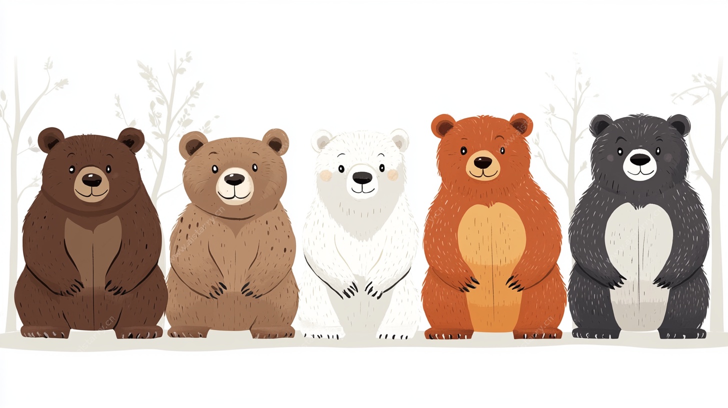 五只憨态可掬的小熊