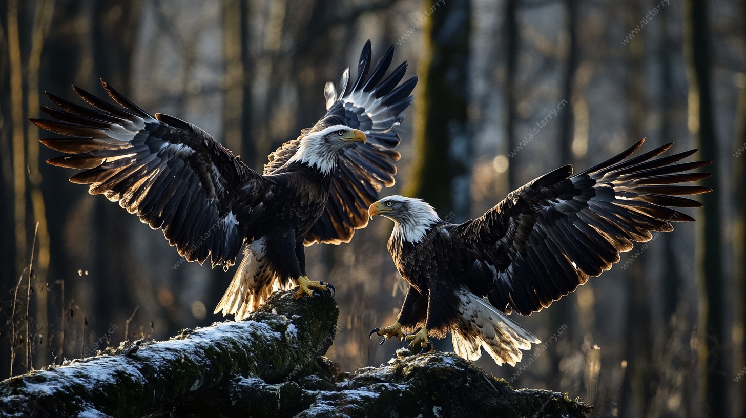 双鹰对峙林间图