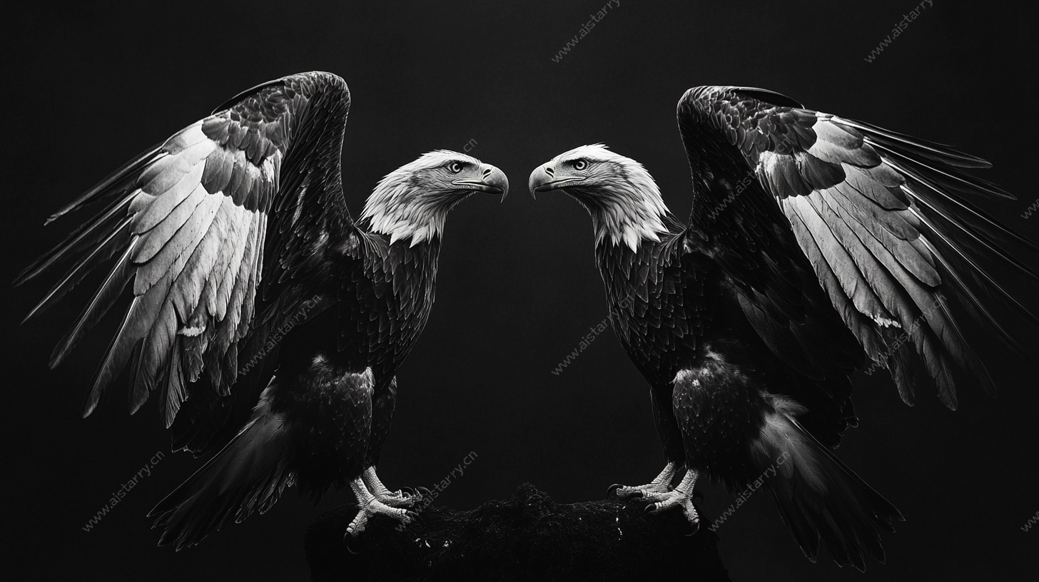 对峙双鹰黑白影像