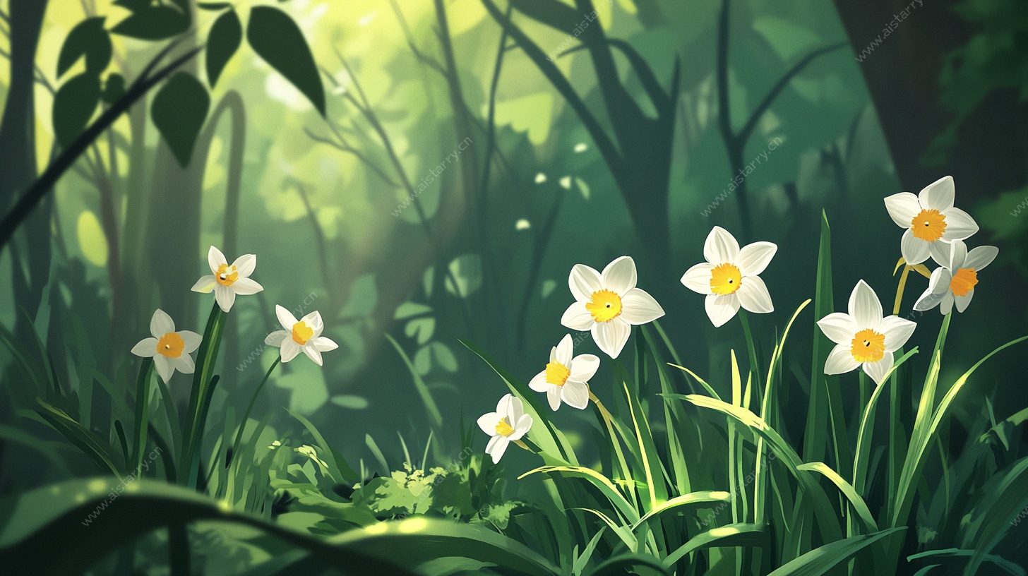 春日森林中的水仙绽放