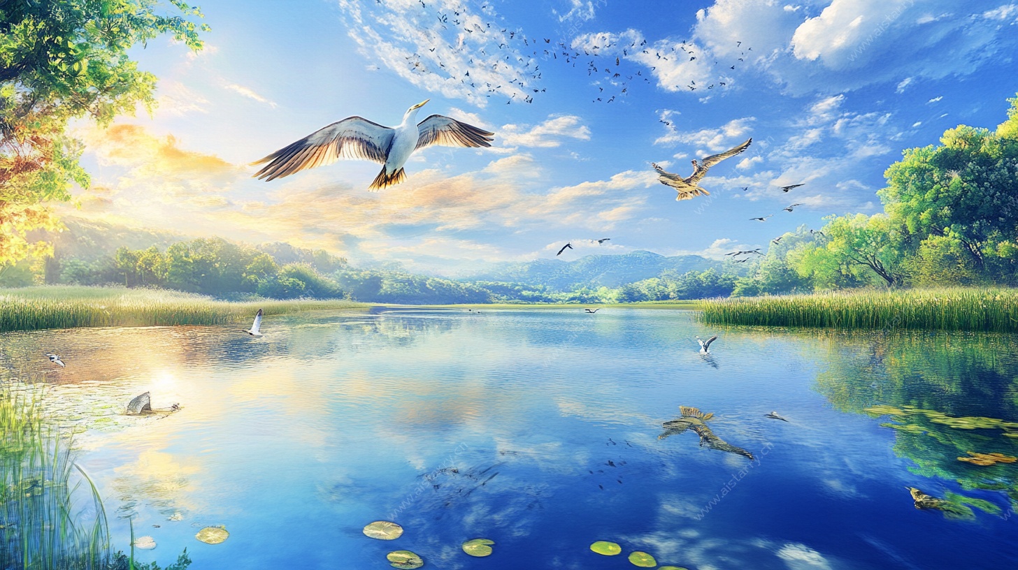 湖畔飞鸟图