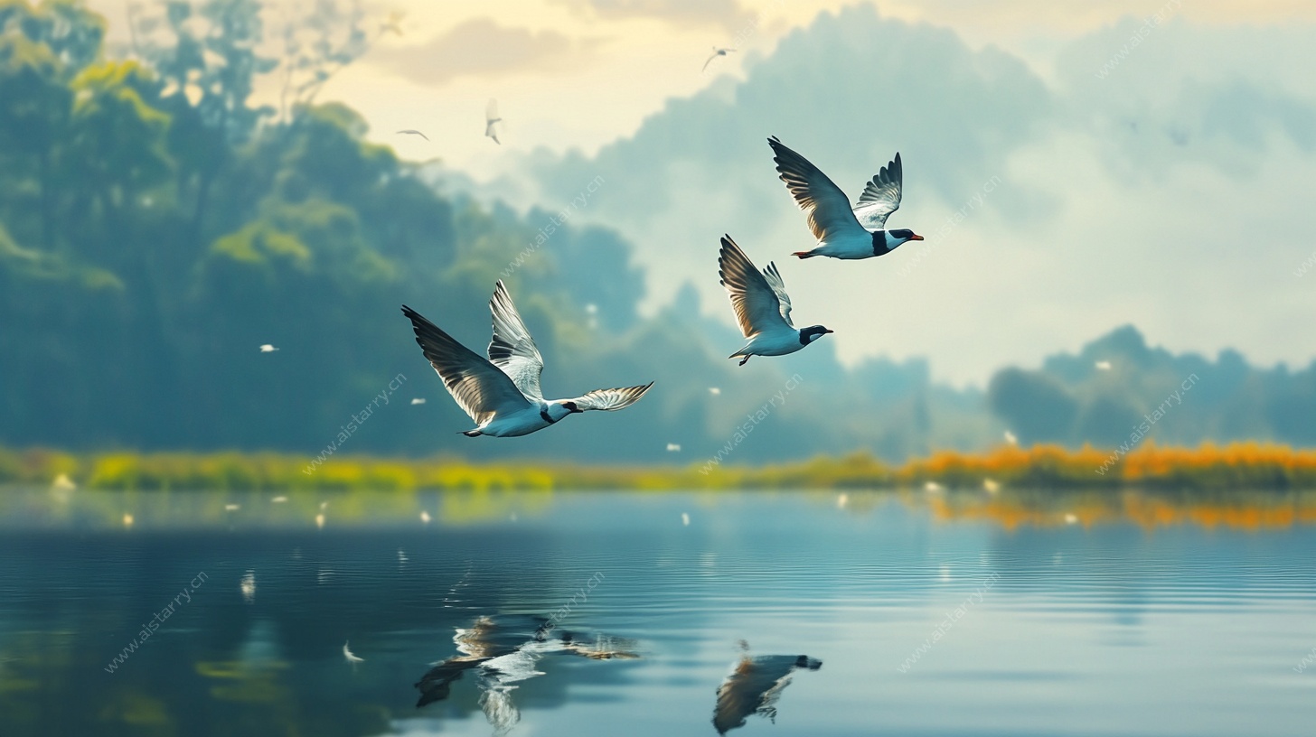 湖畔飞鸟图