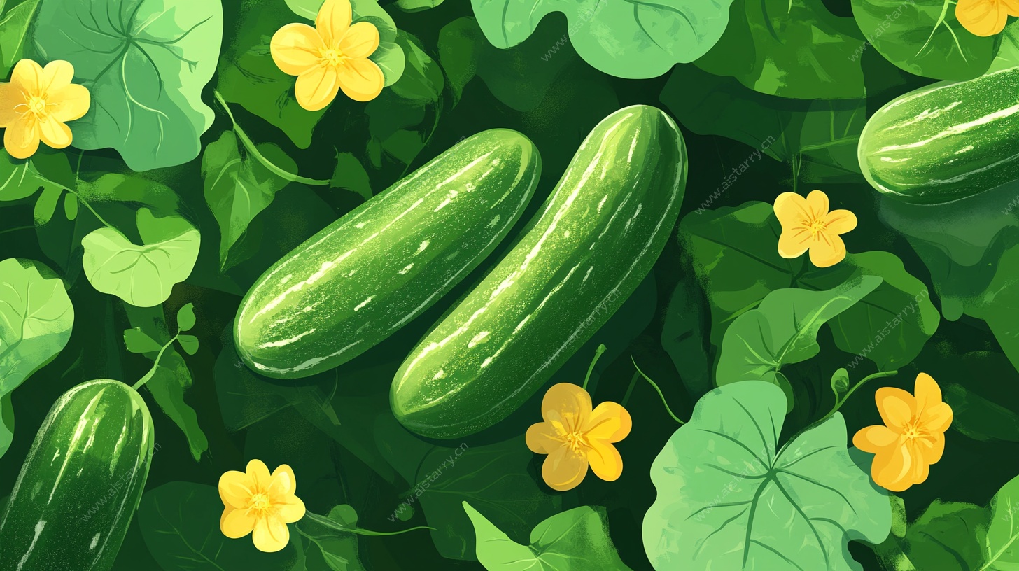 翠绿黄瓜与繁花插画