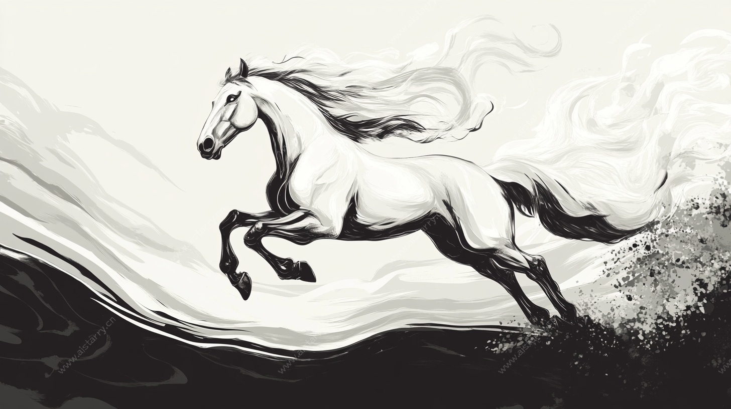 奔腾白马水墨风画作