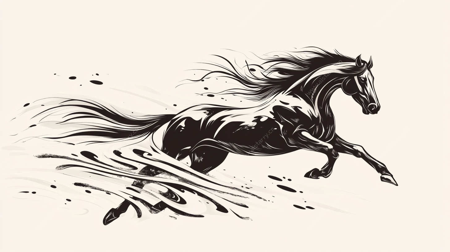 奔腾骏马水墨风插画