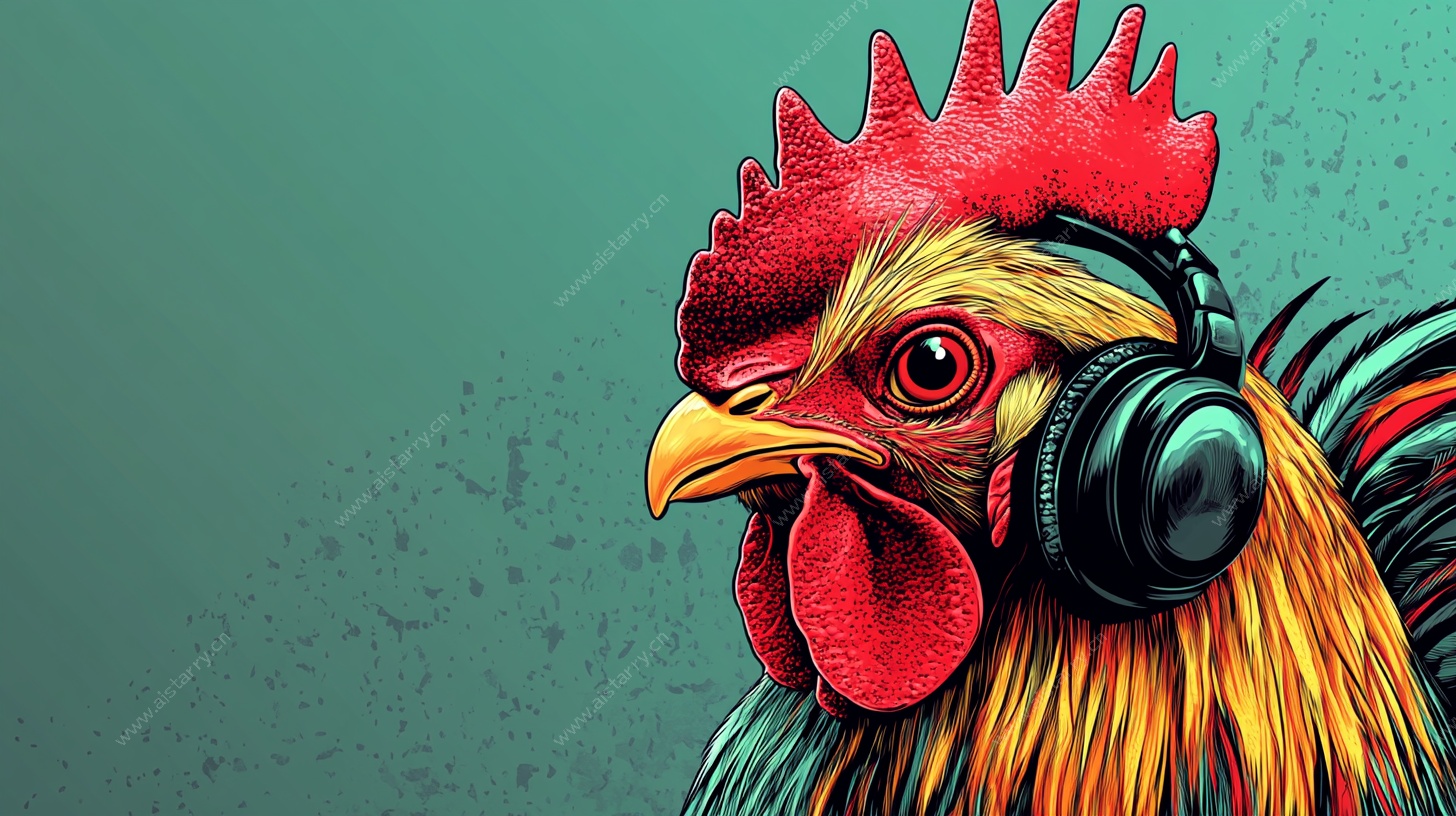 戴耳机的公鸡插画