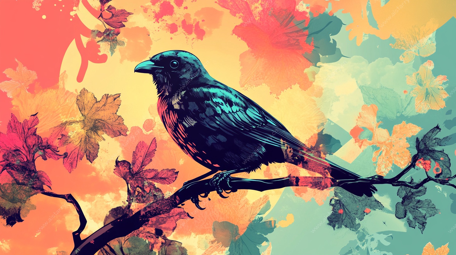 彩色枝头栖鸟插画