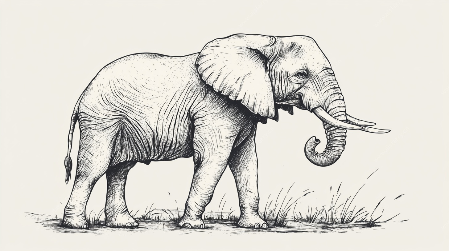 手绘站立大象素描图