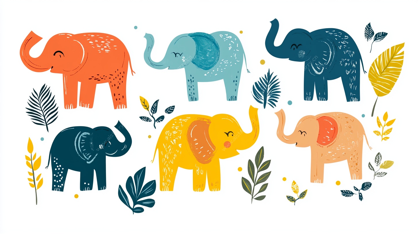 可爱多彩大象与植物插画