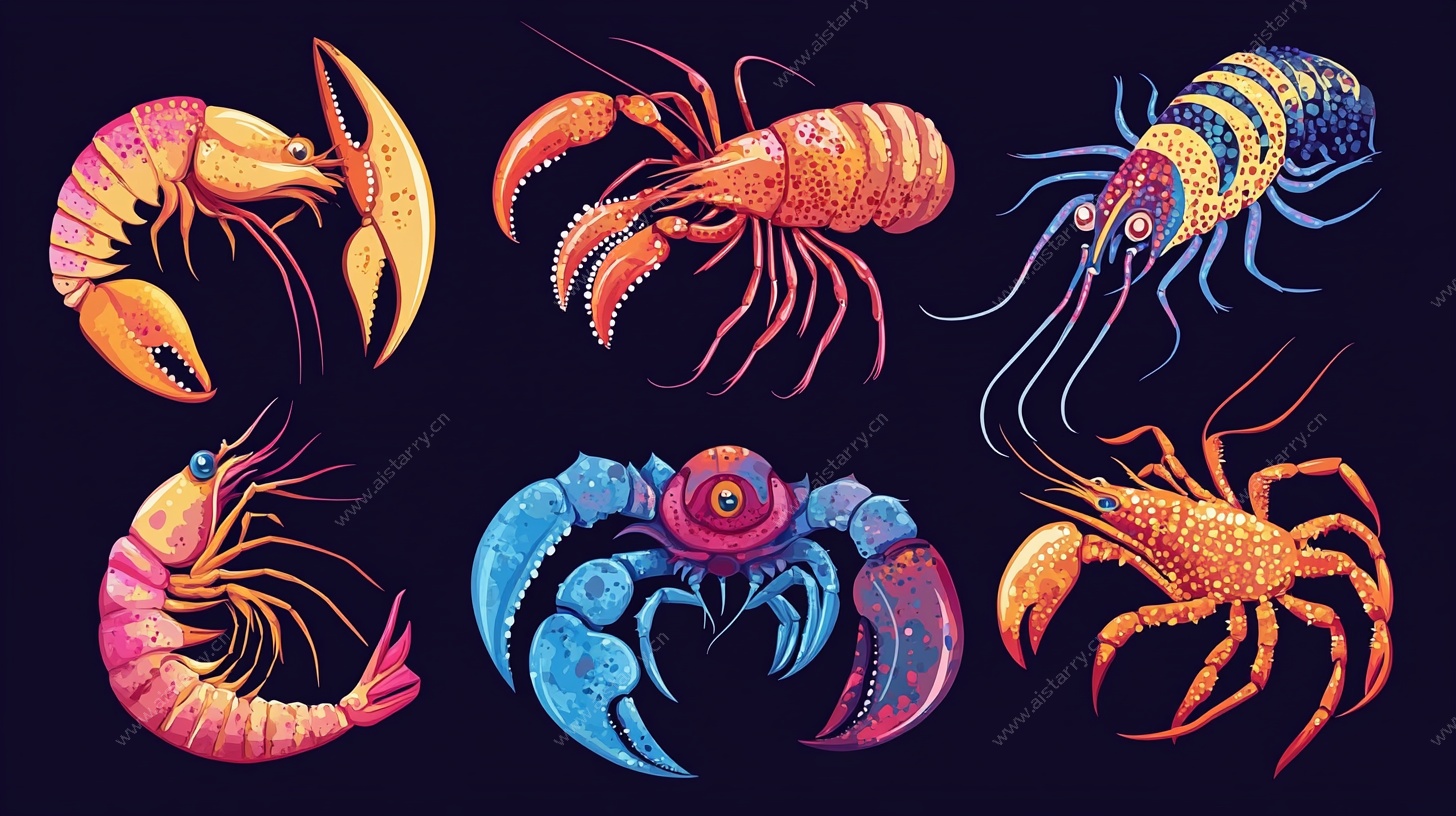 多彩海洋虾蟹插画