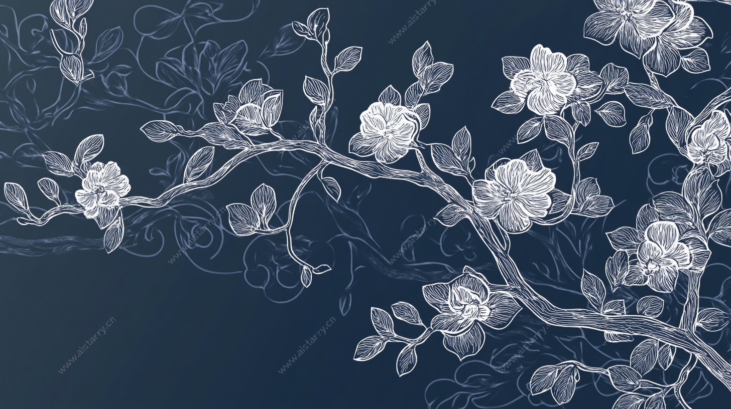 蓝底花卉线条艺术图