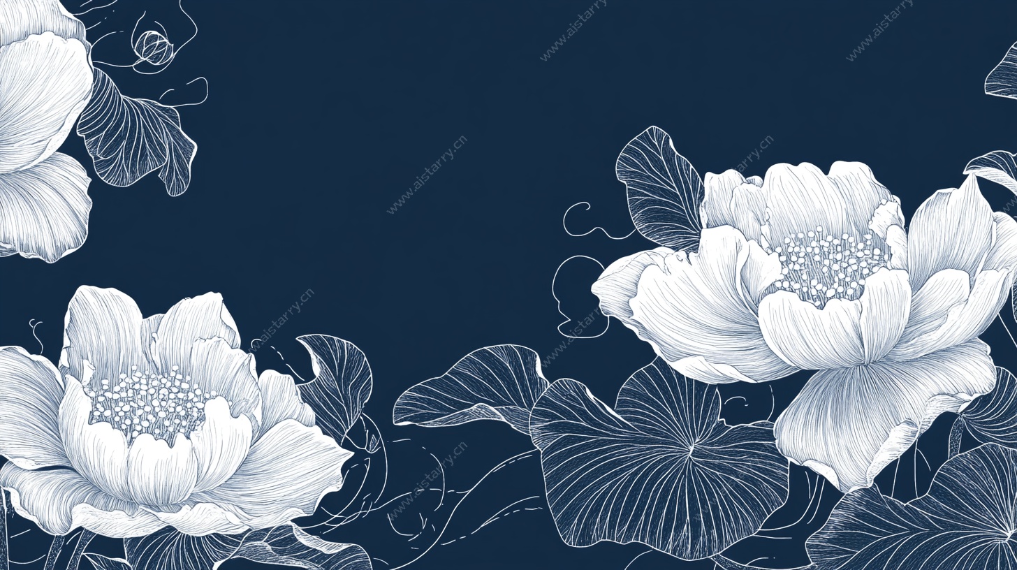 蓝底白荷花卉装饰图