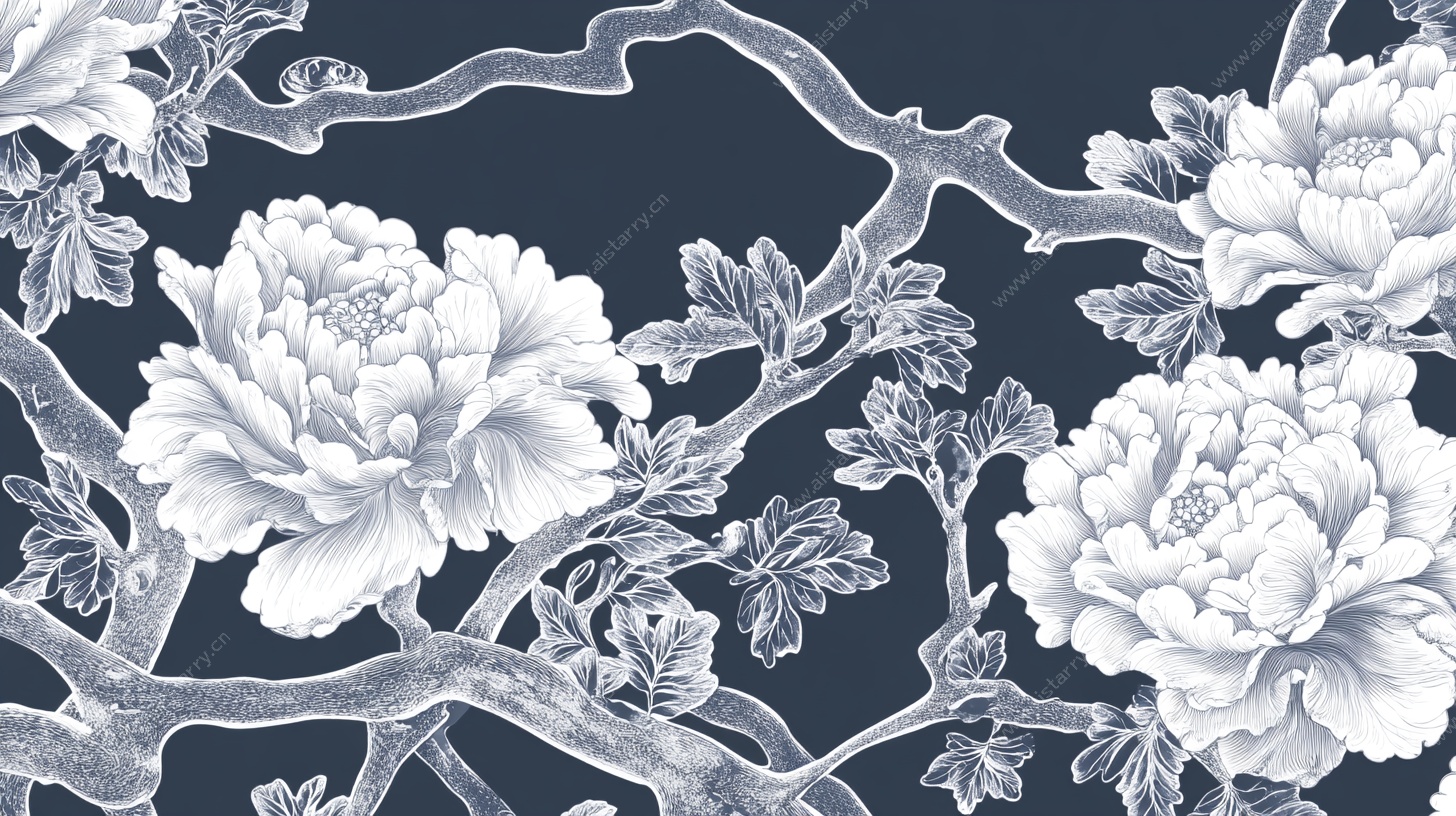 蓝底白牡丹中式花卉图案