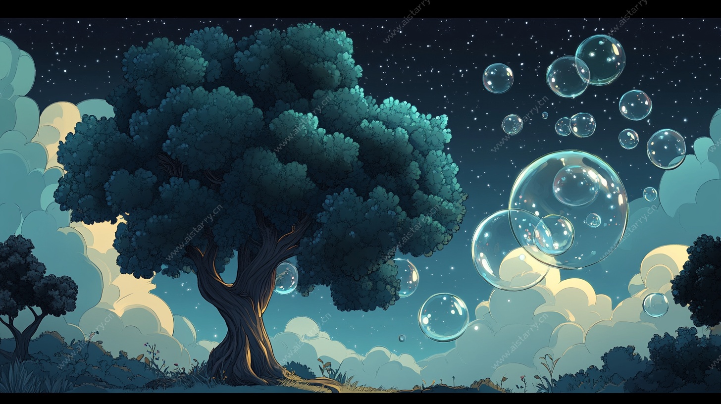 梦幻夜树下的气泡奇景