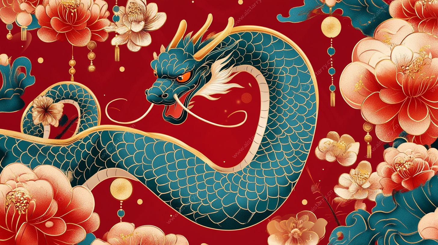 祥龙戏牡丹中式插画