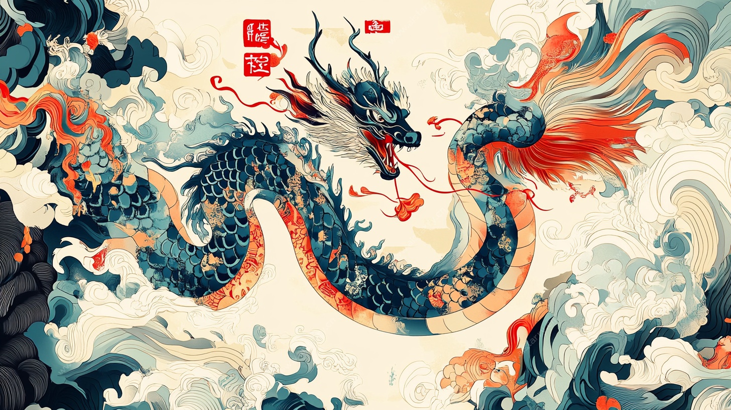 中式瑞龙戏珠海浪图