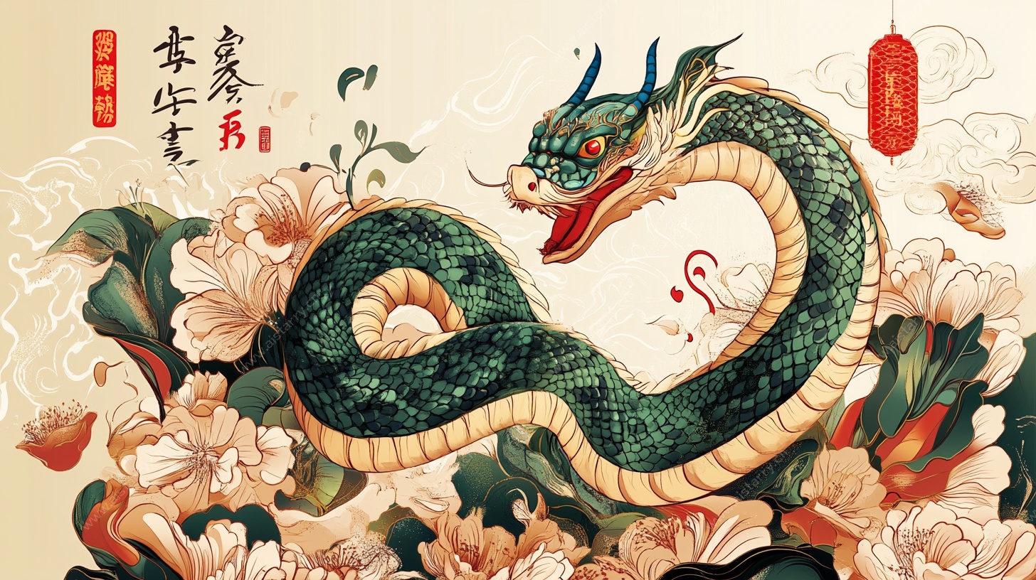 中式瑞龙戏牡丹插画