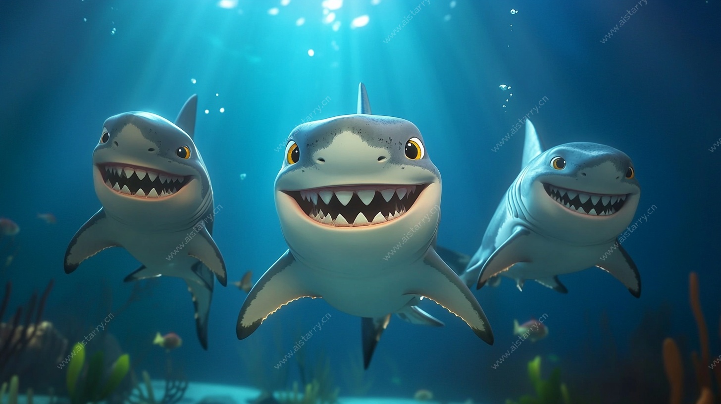 三只可爱鲨鱼海底游弋