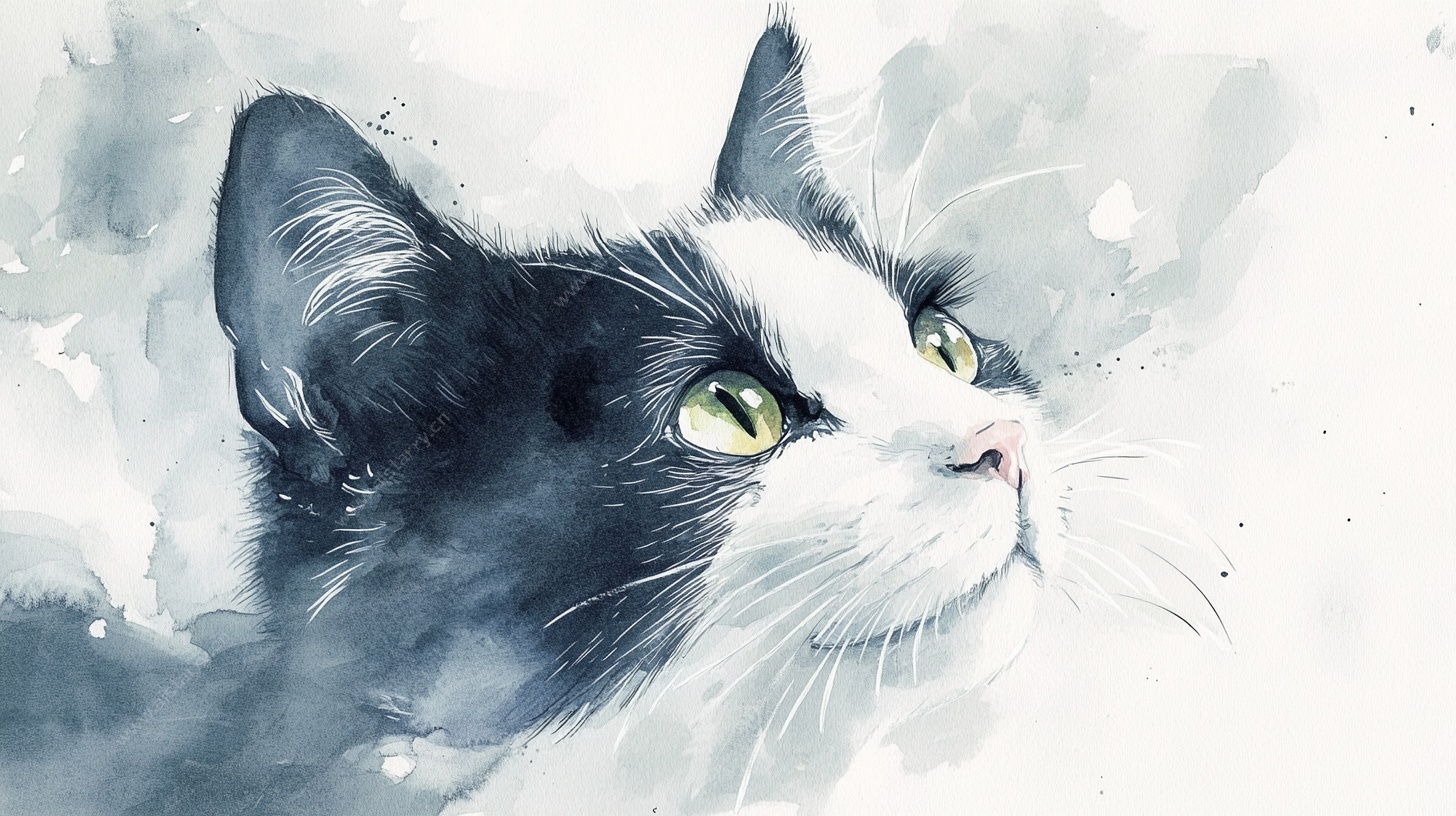 水彩黑白猫的灵动瞬间