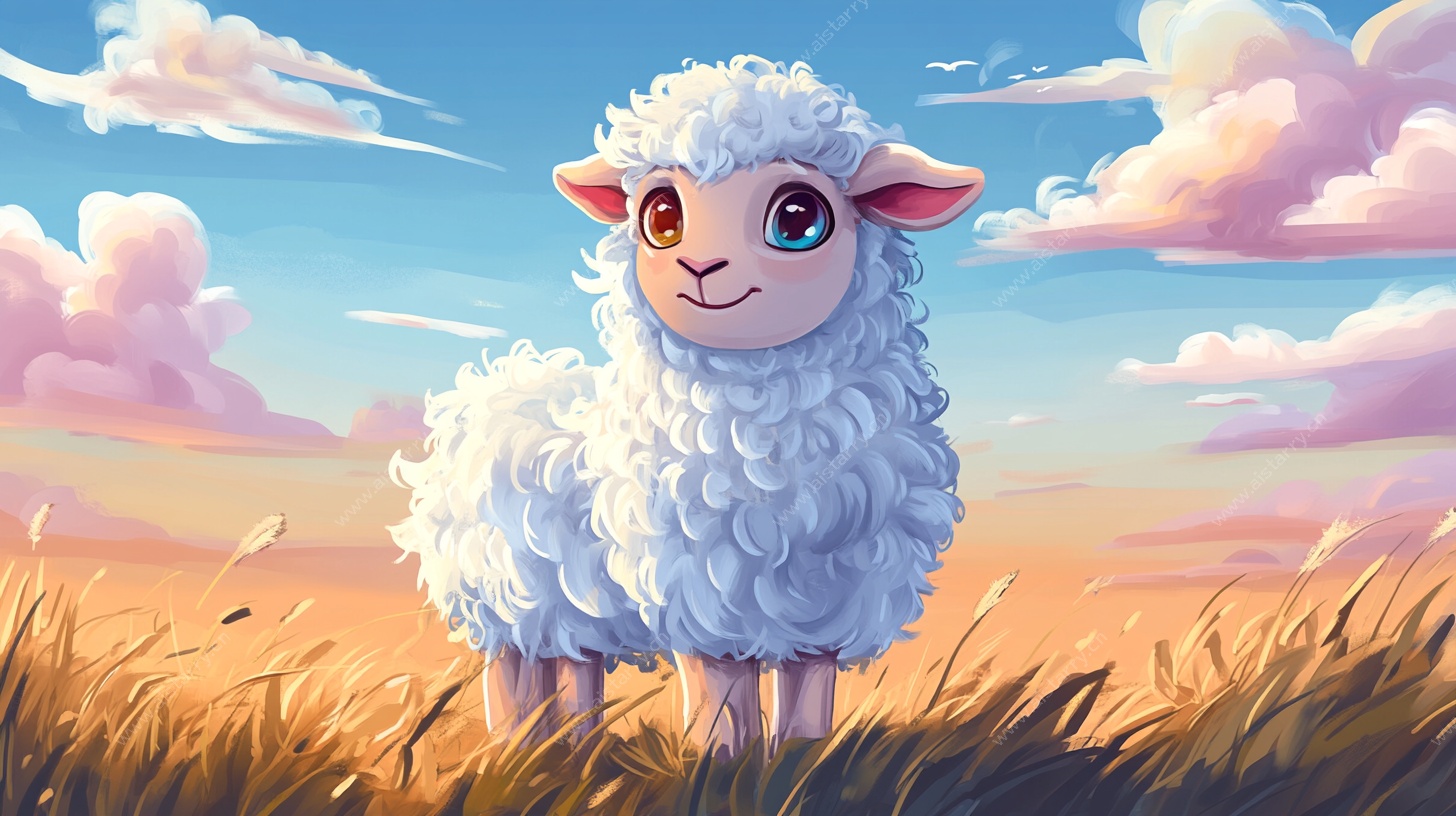 可爱绵羊站在梦幻田野中