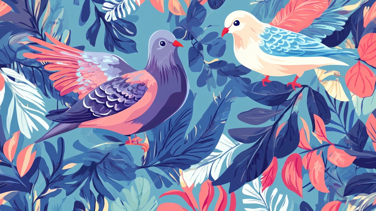 双鸽栖于繁茂叶间插画