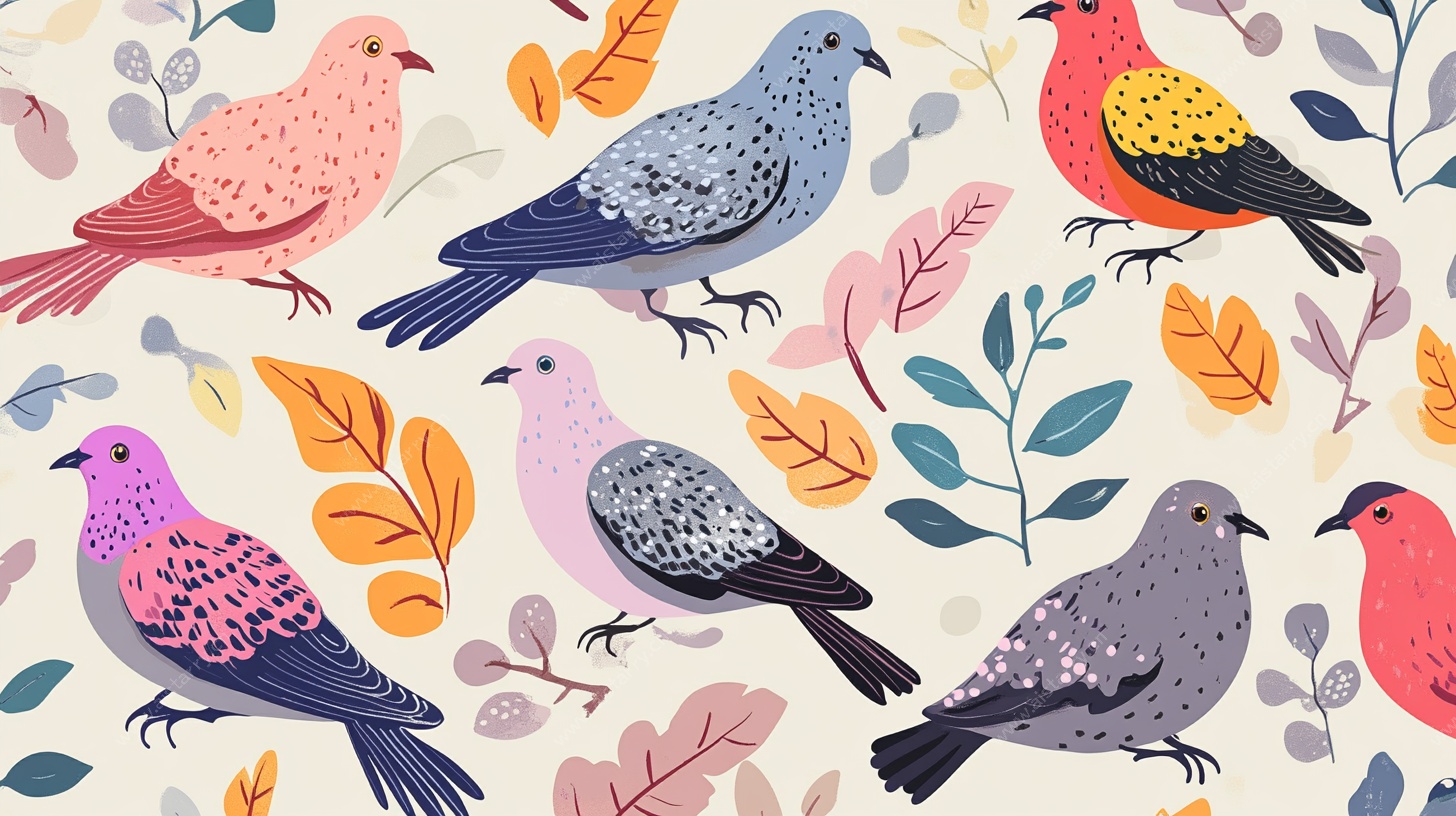 多彩飞鸟与花叶图案设计