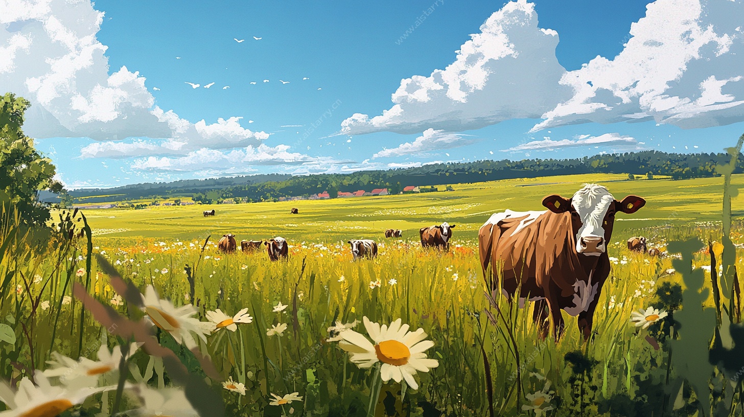 田园牧歌 牛群悠然于花海