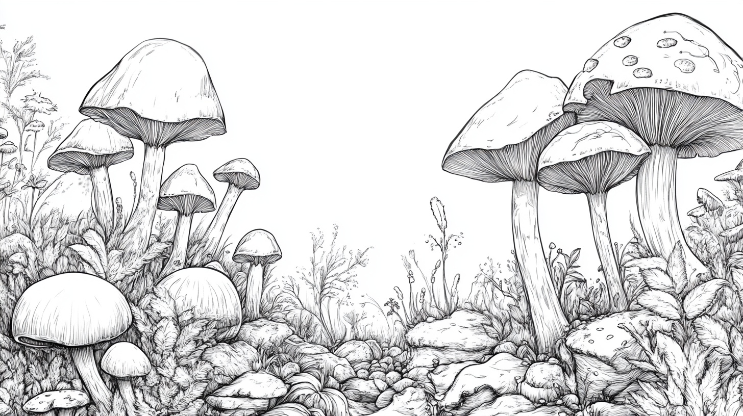 黑白手绘蘑菇丛林图景