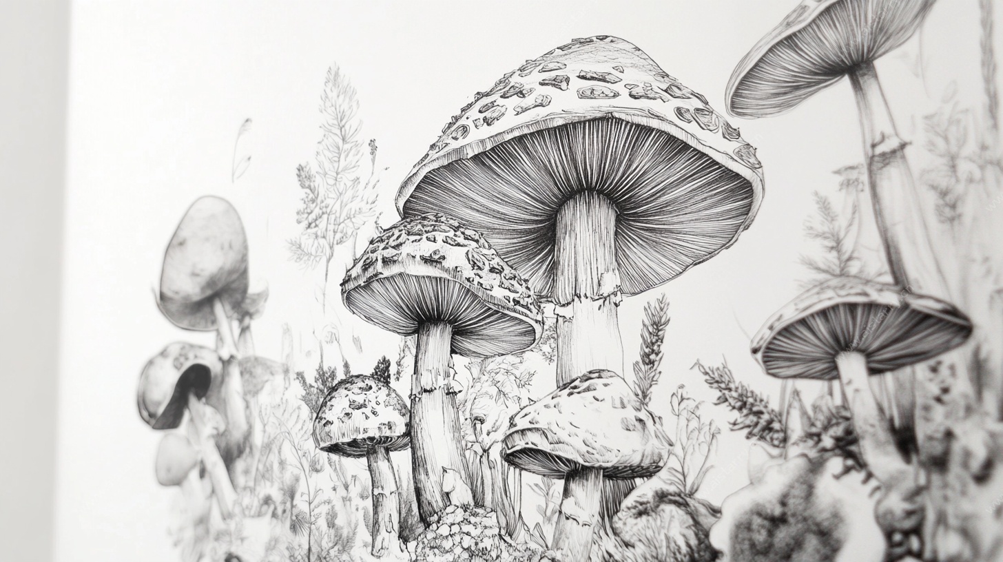 黑白手绘蘑菇奇幻小世界