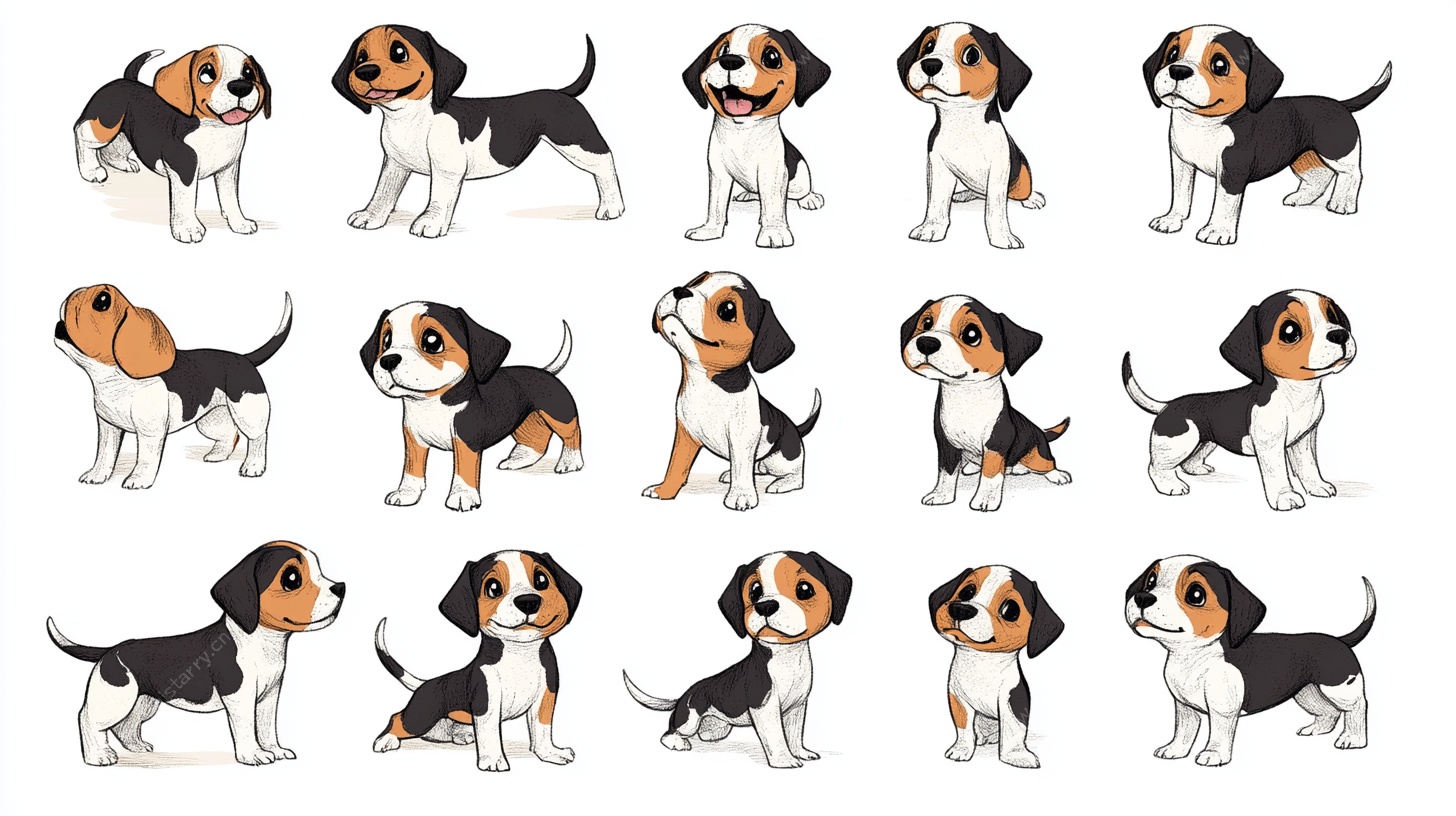 可爱比格犬多姿态插画