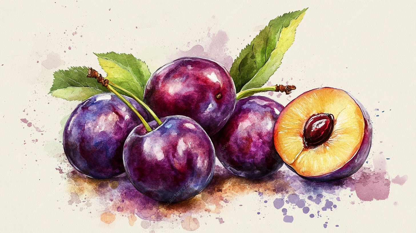 水彩紫李静物图