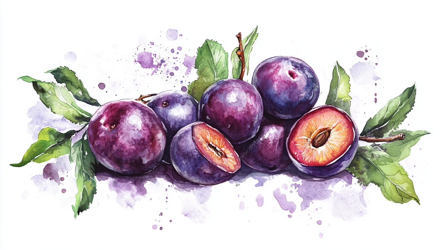 水彩紫李图
