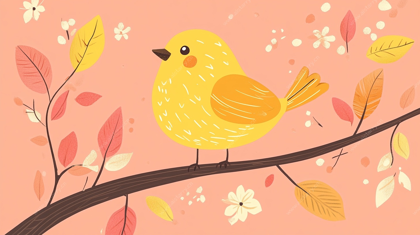 枝头小黄鸟的温馨插画